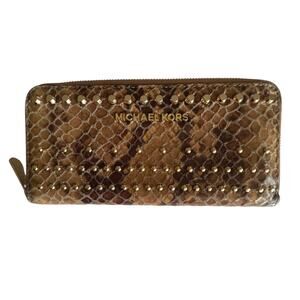Michael Kors Studded Snakeskin Zip Around Wallet Womens Tan Gold